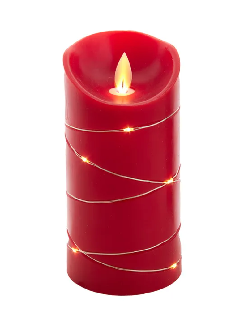 6" Battery Operated Flicker Flame Red Candle With Fairy Lights