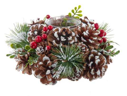 Brown Pinecone With Berries Tea Light Candle Holder